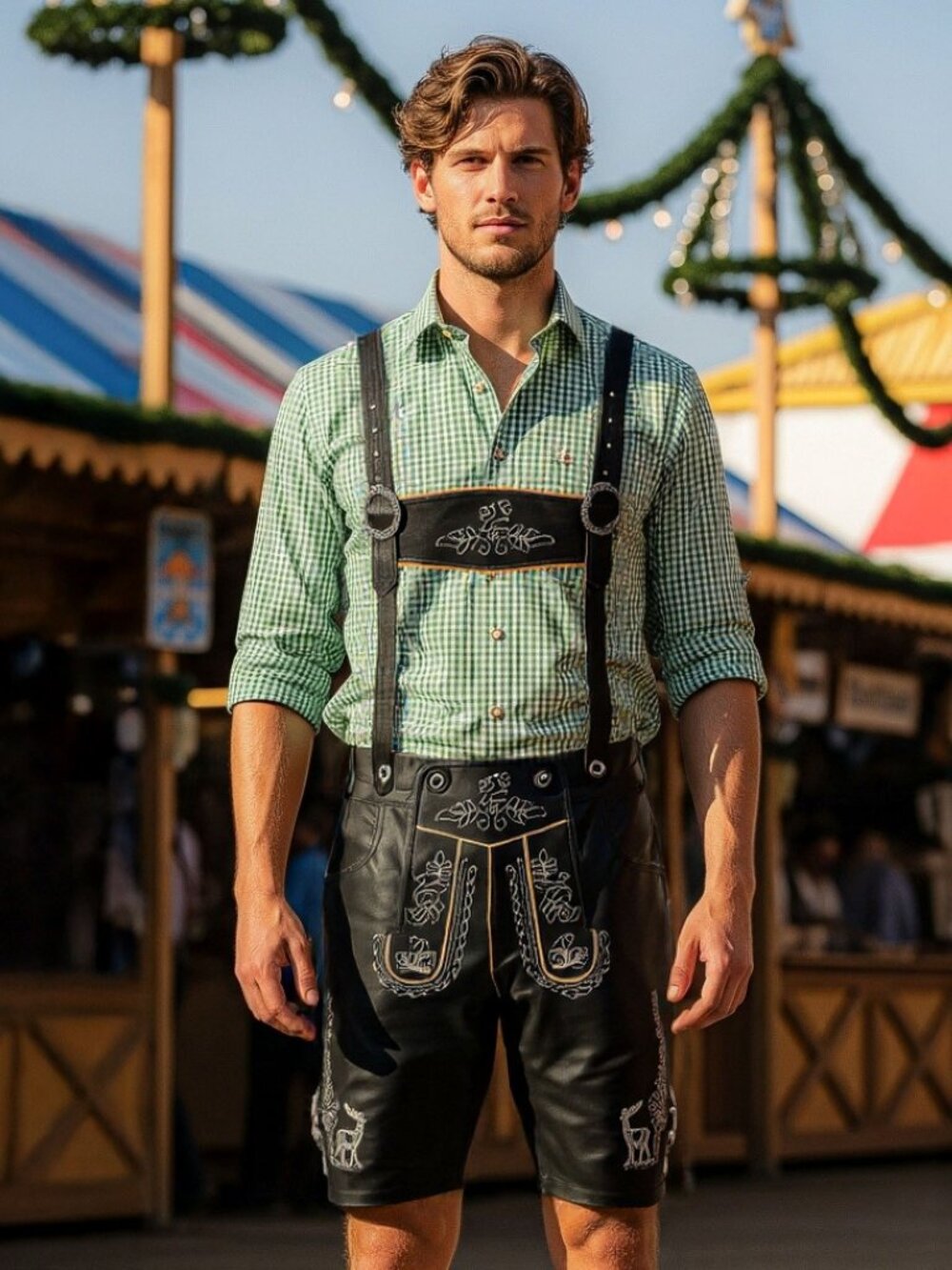 Men’s Bavarian Lederhosen Albert Black Leather Oktoberfest Outfit